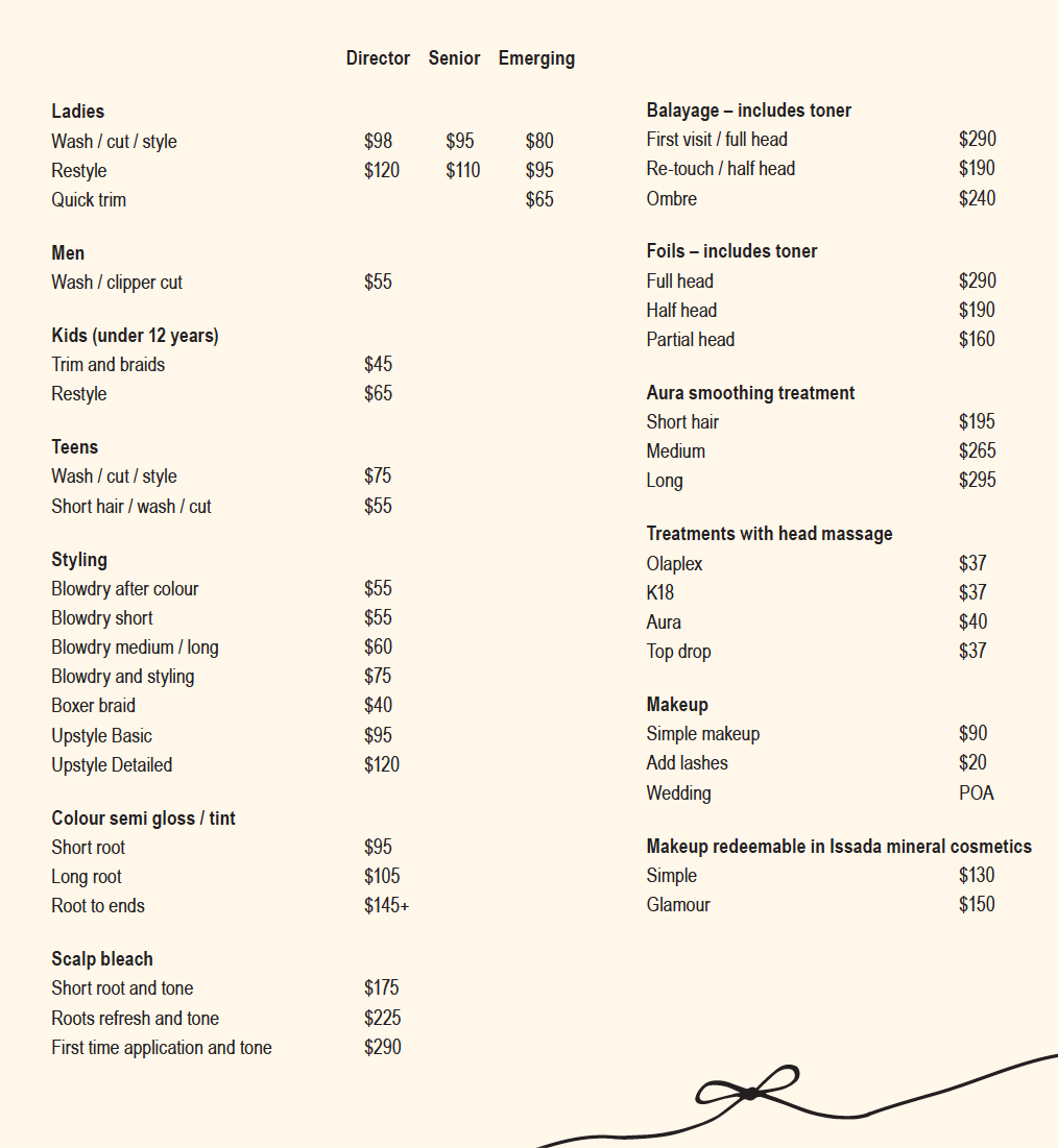 Bow Hair and Make-up Price List 2023