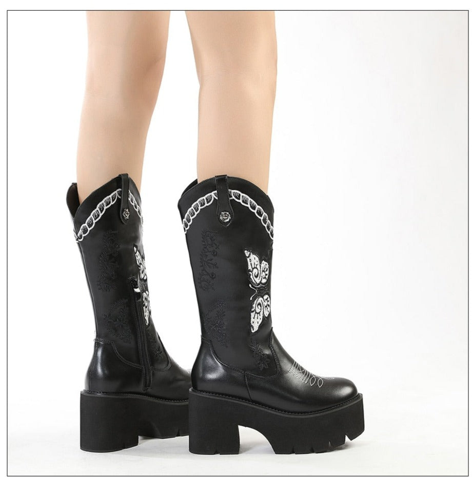 Women Butterfly Embroidered Retro Knight Cowboy Boots