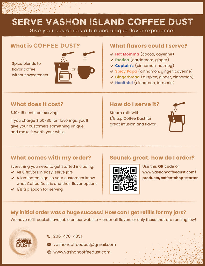 PDF image of the advantages of serving Coffee Dust at your Coffee Shop.  You get a bundle of 6 flavors, a serving spoon and laminated sheet explaining the flavors to your customers