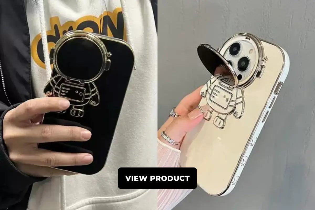 3D Astronaut iPhone case shows on black and white in a girl's hand