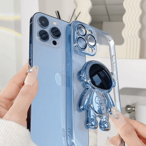 a girl shows a astronaut kickstand iPhone case in sierra blue color