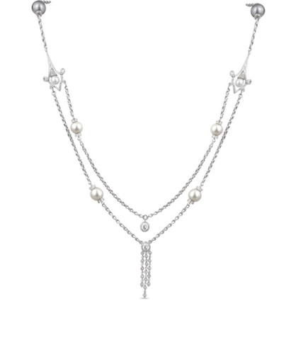 Pearl and Diamond Sautoir Necklace with Diamond Roundels