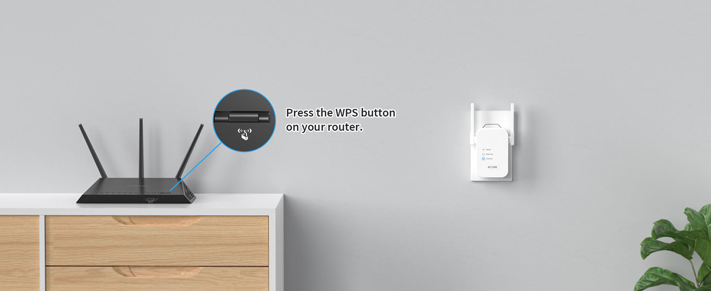 1200Mbps WiFi Extender WPS Setup Guide Step 1 Press WPS Button on Router