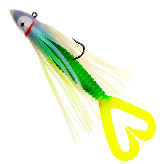 P-Line Twin Tail Soft Plastic Squid 4.5, 7, or 9 inch Saltwater Soft Bait,  Green Pink Glow Glitter, 9 inch - 1 pack 