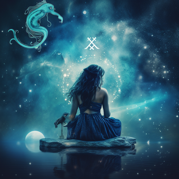 Aquarius Woman in Contemplation: Seated on a Stone, Surrounded by Water, with a Seahorse in the Background