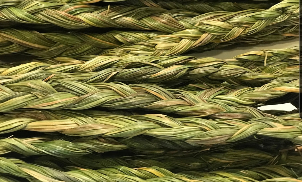 Sweet grass braid (Hierochloe odorata), also called vanilla grass, used by  indigenous peoples in North America as herbal medicine and incense  (smudges) to attract good spirits. Close up, top view. Stock Photo