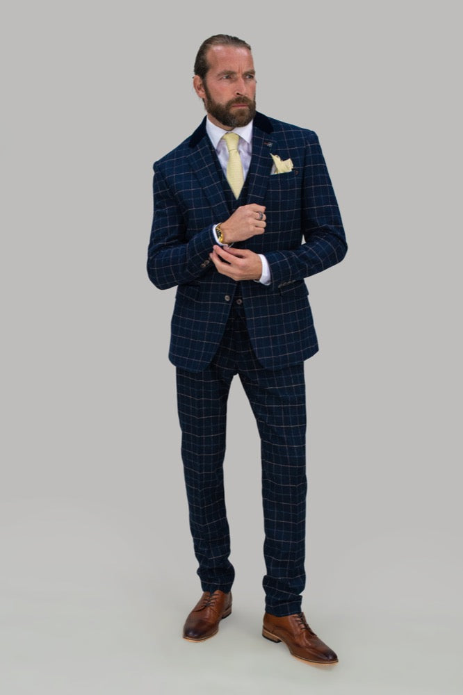 navy check 3 piece suit