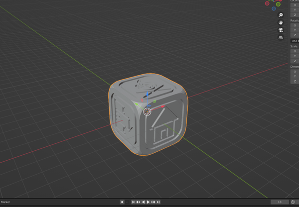 3d model of a six sided dice in the Blender software