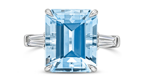 9.73 Carats Emerald Cut Blue Aquamarine & Diamond Three Stone Engagement Ring in Platinum
