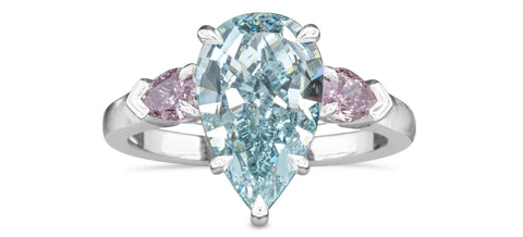 GIA Certified 3.68 Carats Pear Shape Fancy Intense Green Blue Diamond Three Stone Engagement