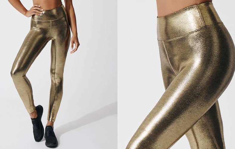 woman wearing shiny sparkle tummy control leggings