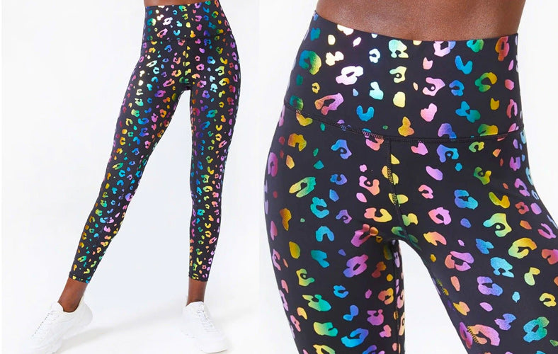 model wearing terez rainbow cheetah tummy control leggings