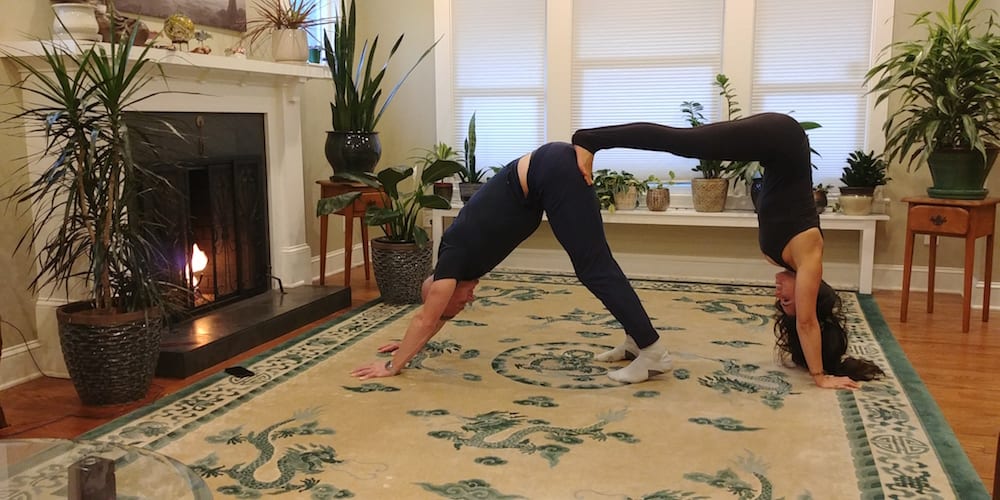 Partner Yoga Backbend on Medicine Ball