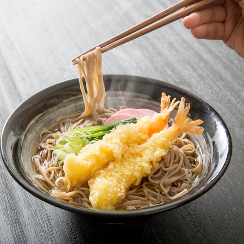 Japanese style prawn tempura with soba buckwheat soup noodles