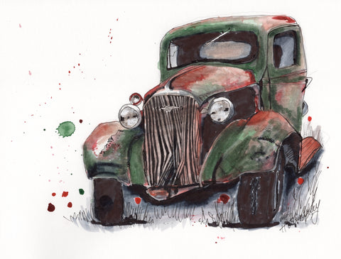 Rusty old pickup truck watercolour painting in splashy colours