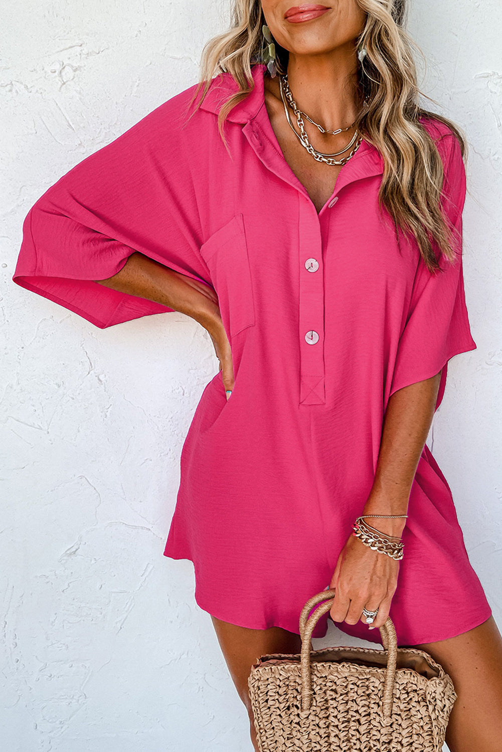 Bright Pink Plain Half Button Collared Pocket Loose Romper - Saffronfashionindia product image