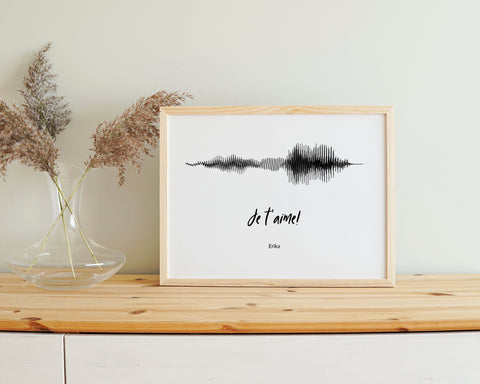 A voiceprint poster that shows the sound wave of a recording with the words I love you