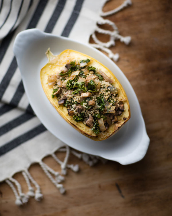 Kale & Mushroom Stuffed Spaghetti Squash - Soom Foods