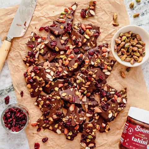 Alomond, Pistachio, & Cranberry Chocolate Tahini Bark