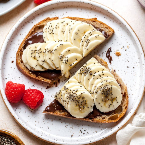 chocolate tahini toast with banana and chia seeds 