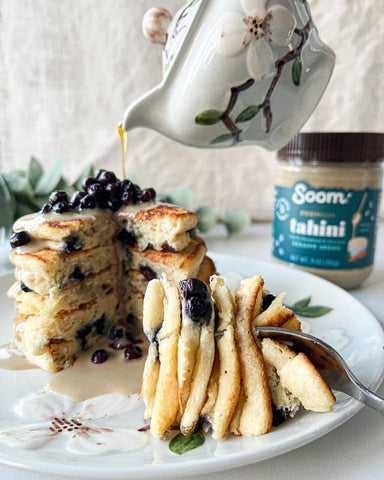 Blueberry Pancakes with Tahini and Maple Syrup