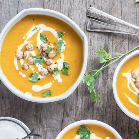 Winter Squash Soup with Tahini and Za’atar Chickpea Croutons