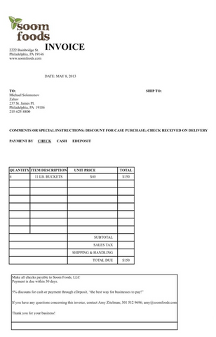 first Soom invoice to Zahav