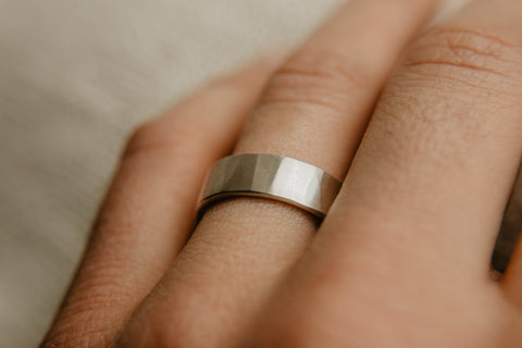 Hammered Sterling Silver Wedding Band (Shown on finger)