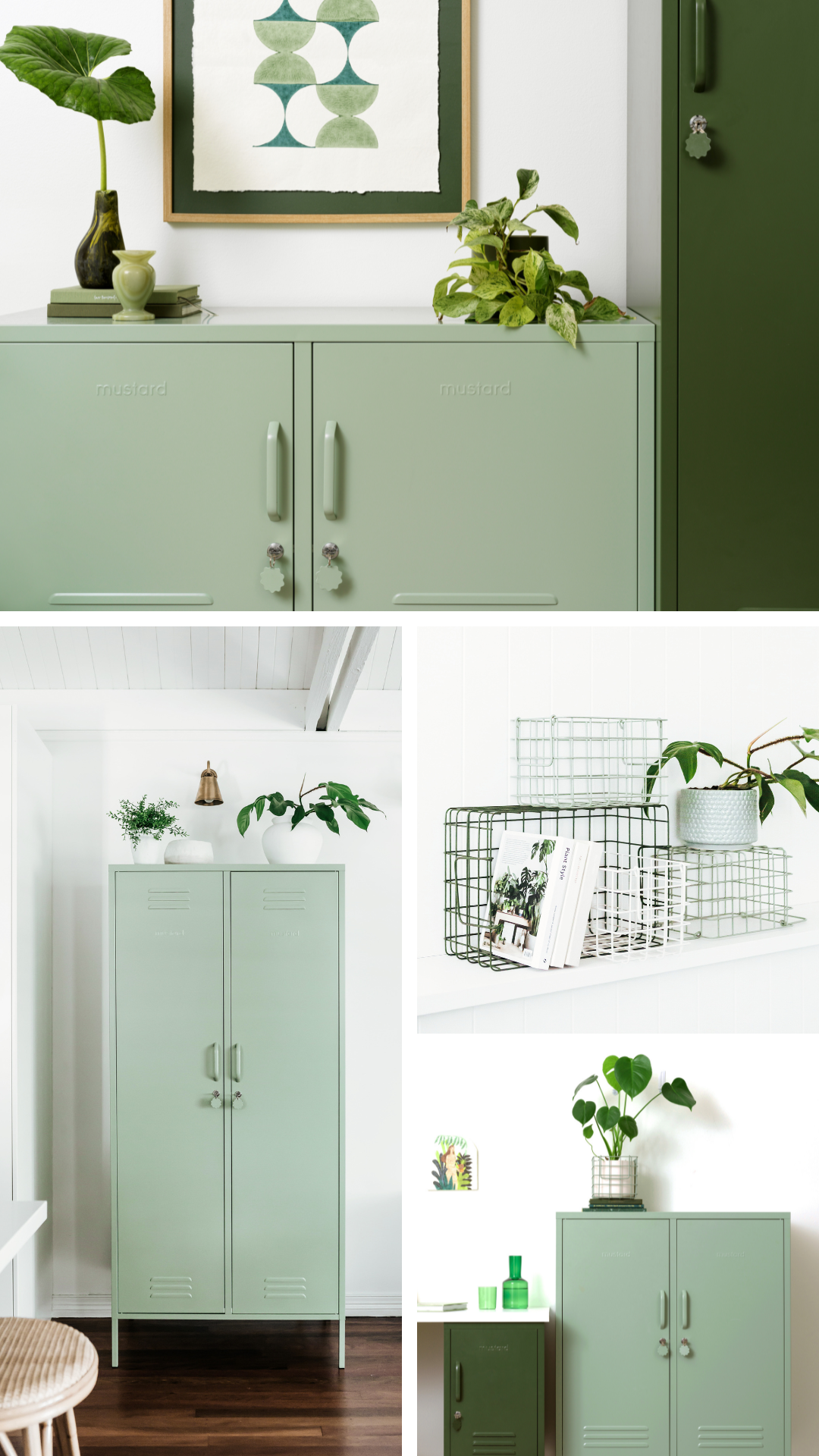 A collage of Sage and Olive green lockers styled with lush trailing foliage and green glassware.