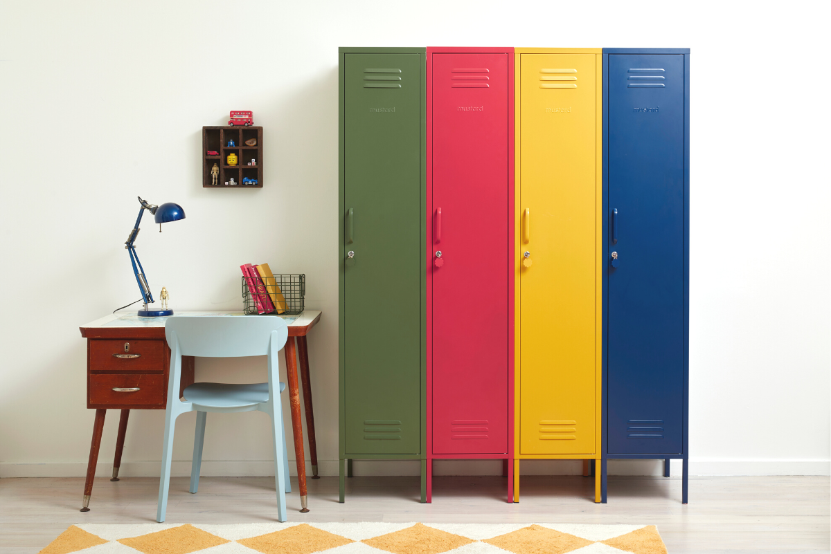 Mustard Made lockers primary colors Poppy red, Olive green, Navy blue and Mustard yellow