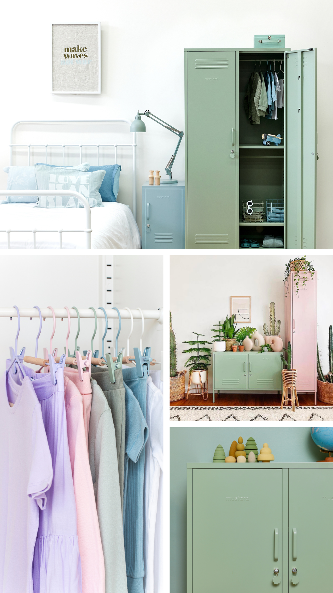 A collage of images featuring pastel lockers in soft shades of pink, green, blue and lilac.