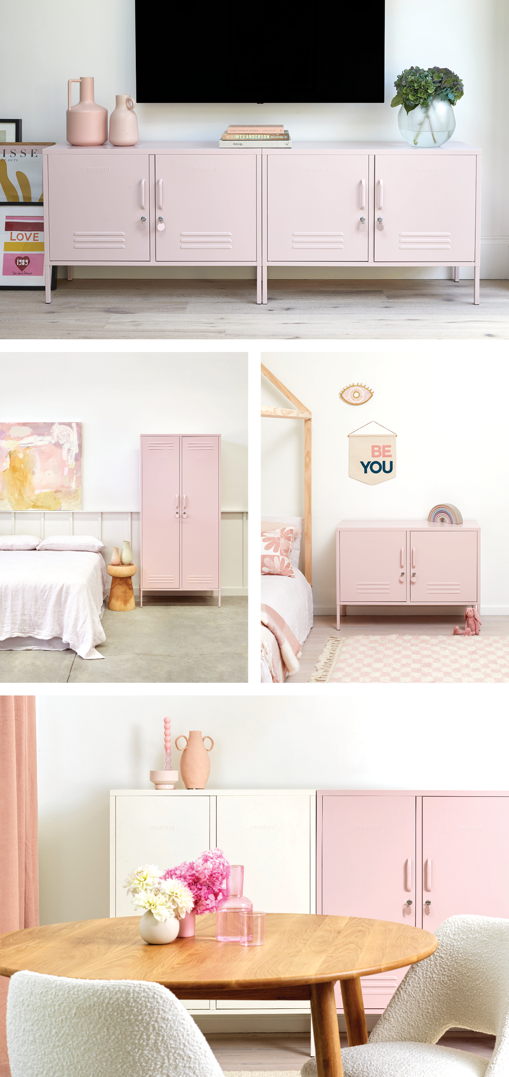 A collage of Blush pink lockers styled with neutral colors and white walls.