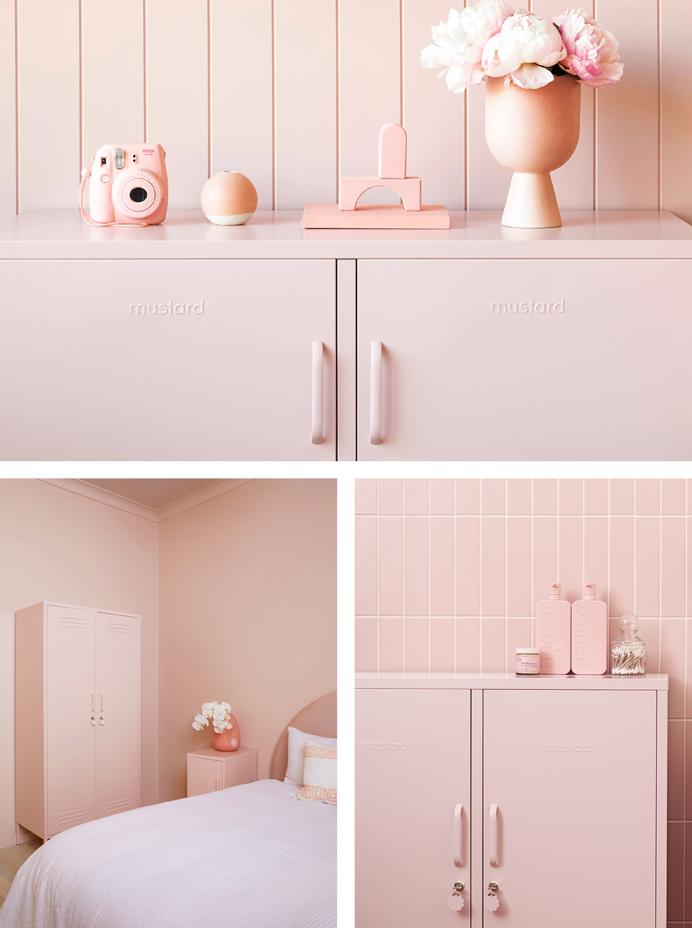 A collage of Blush pink lockers styled with linens, accessories and walls in the same color.