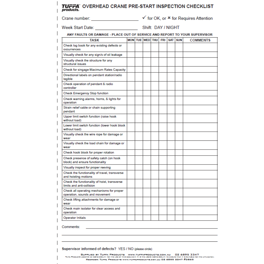 Overhead Crane Prestart Checklist Books – NZ Tags