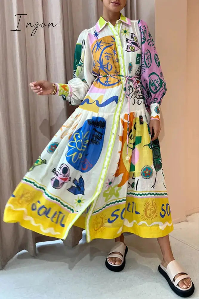 Ingvn - Bohemian Elegant Print Contrast Turndown Collar A Line Dresses