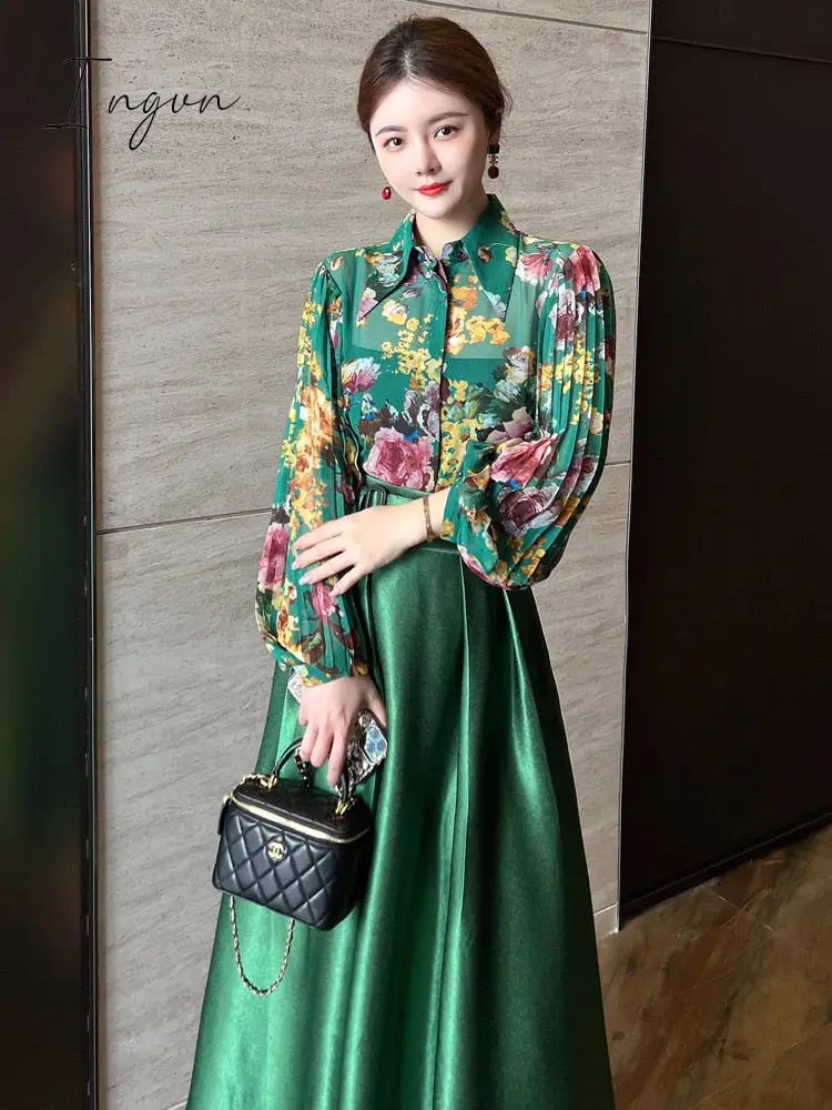 Ingvn - Designer Fashion Lantern Sleeve Print Chiffon Blouse and High Waist Skirt Set Womens Green Outfit 2Piece Dress Suits Spring
