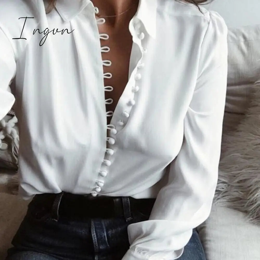 Ingvn - Fashion Casual Solid Color ladies office Tops Sexy Buttons Long sleeve Blouse new Spring Women Chiffon white Shirt