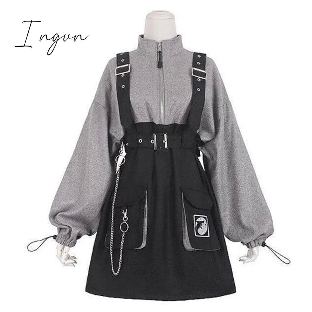Ingvn - Retro Vintage Women Gothic Girls Punk Mini Dress High Waist Long Sleeve Hat Collar Sexy Gry Black Lolita Plus Size Jurken