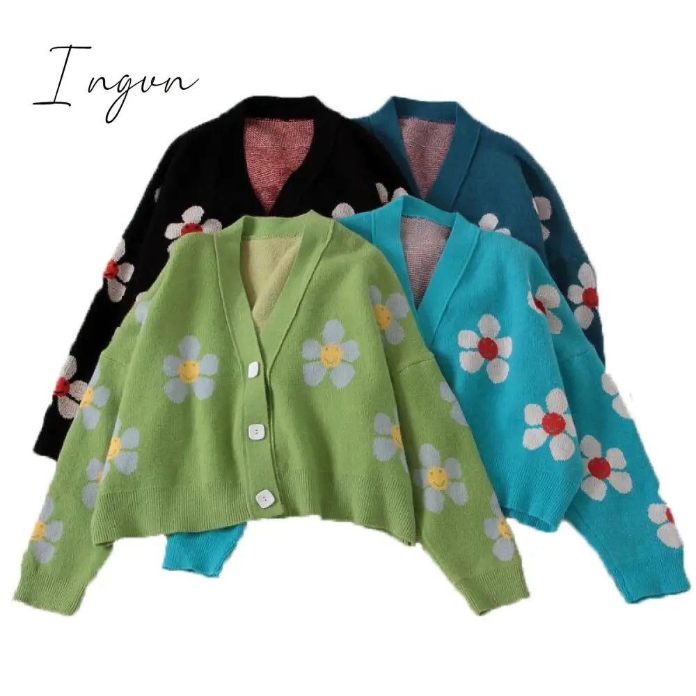 Ingvn - Spring College Style Flower Print Knitted Doat Loose Retro V-neck Cute Light Green Sweater Cardigan Blouse Short Section