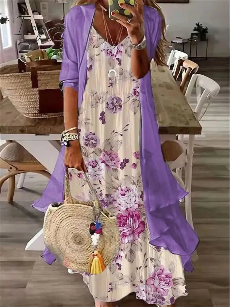 Ingvn - Women's Two Piece Dress Set Print Dress Daily Vacation Casual Print Maxi Dress V Neck 3/4 Length Sleeve Floral Loose Fit White Purple Green Summer Spring S M L XL XXL