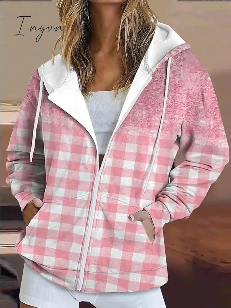 Ingvn - Women's Zip Hoodie Sweatshirt Active Sportswear Drawstring Zip Up Front Pocket Pink Blue Green Plaid Casual Hoodie Long Sleeve Top Micro-elastic Fall & Winter
