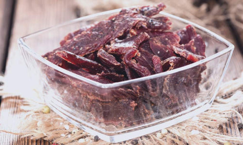 Beef jerky in a glass container