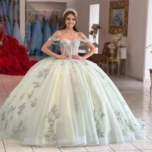 15 Quinceanera Dresses Ball Gown New Sweet Flower Party Dress Classic Off The Shoulder Birthday Gown Graduation Dress - CHUMUSE