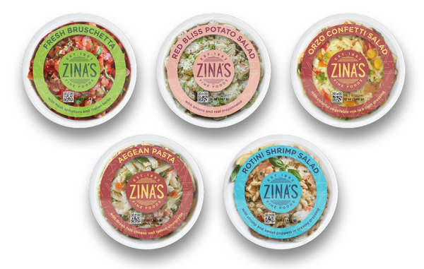 A photo of various private label salads manufactured by Zina's Fine Foods salad manufacturing companies, highlighting the benefits of private labeling foods.