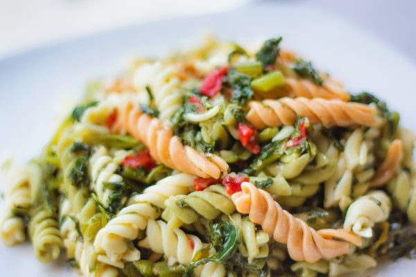 Tricolor rotini rainbow pasta close up shot on white plate