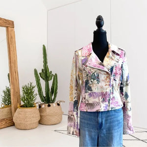 Floral Bird Print Moto Jacket - Greenhaven Mercantile