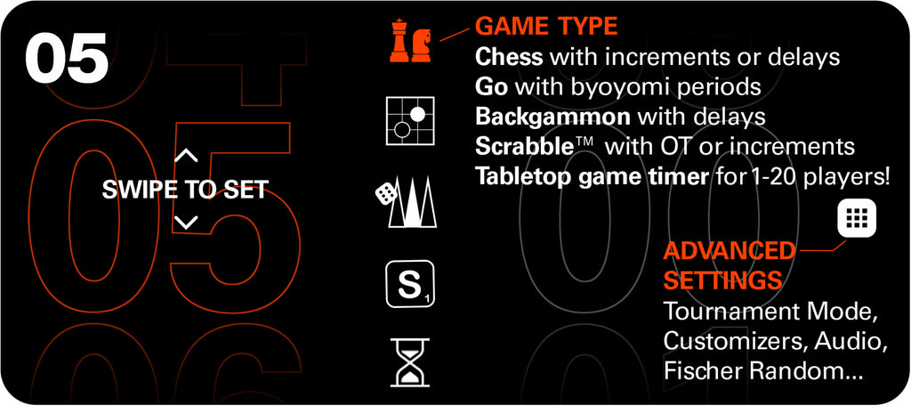 Simple settings: choose your game type, swipe to set time per game and/or additional time option