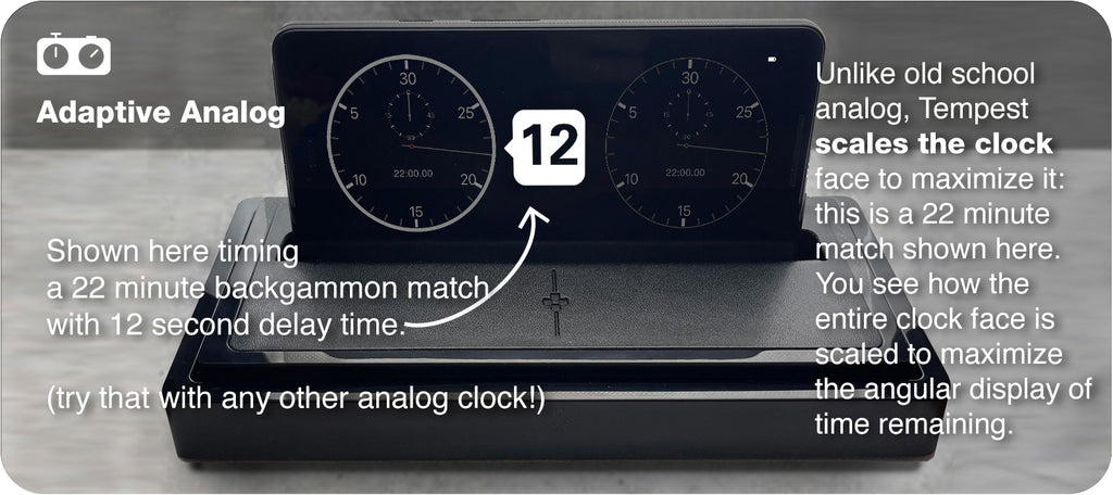 11b. Increments, Delays, Byoyomi, All masterfully presented with Tempest's Adaptive Analog mode. Note the spread of the 22 minute display to maximize the clock face.