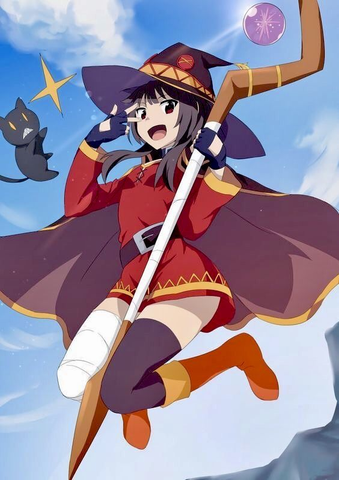 Explosive Megumin from KonoSuba dazzles, casting explosive spells with fiery zeal and comedic flair.
