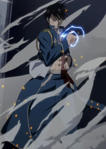 Roy Mustang transmutes fire effortlessly in Fullmetal Alchemist, his flames burning with unwavering justice.